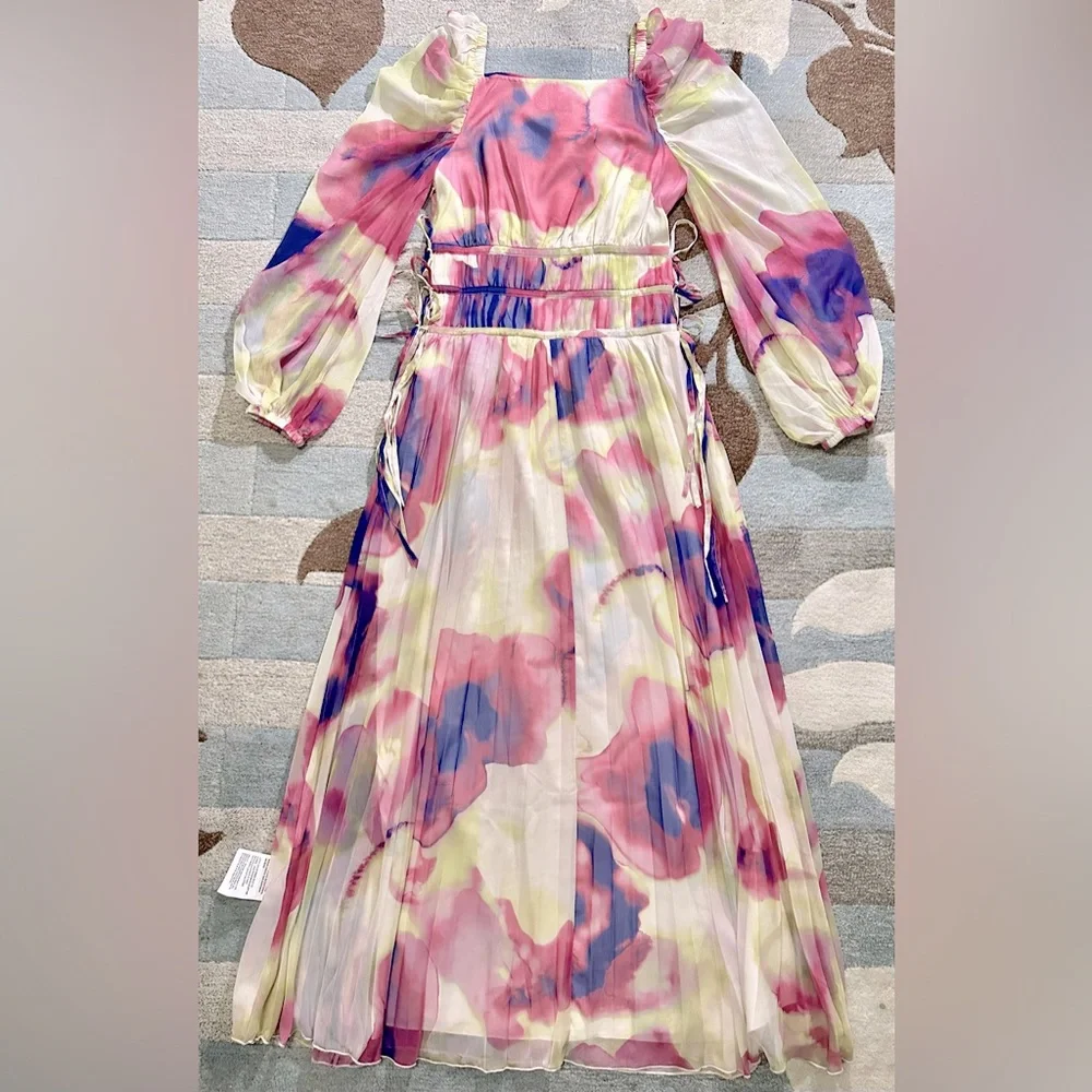 ASOS DESIGN Long Sleeve Pleated Drawstring Bodice Maxi Dress Watercolor Chiffon - Picture 3 of 10